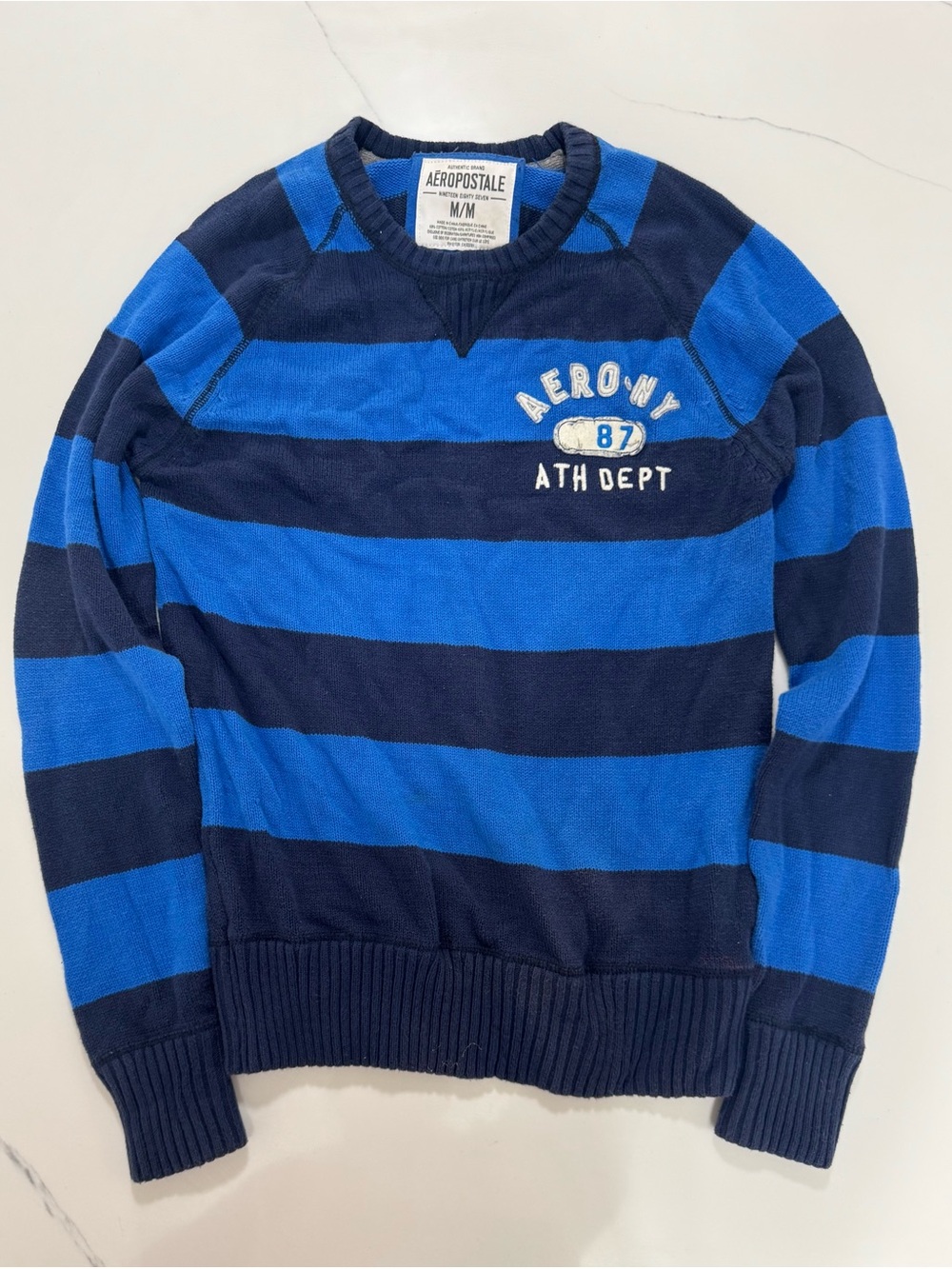 Y2K Aeropostale Sweater Medium Blue Striped Aerony 87 Ath Dept Preppy 2000s